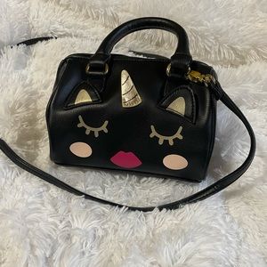 Luv Betsey Johnson Unicorn Cat Black Mini Barrel Satchel Crossbody Bag Purse